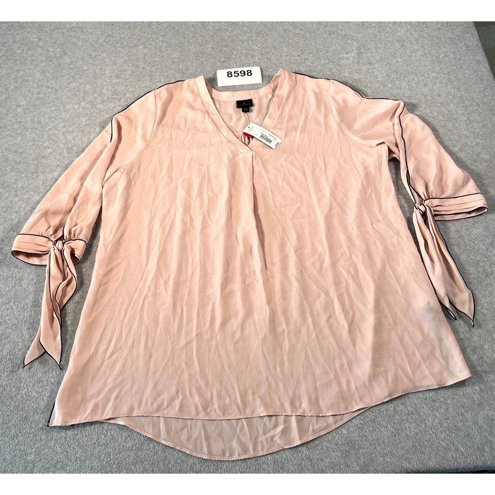 Worthington Blouse Top Womens 2XL Pink Rose Smoke V Neck Tie Sleeve Hi Low